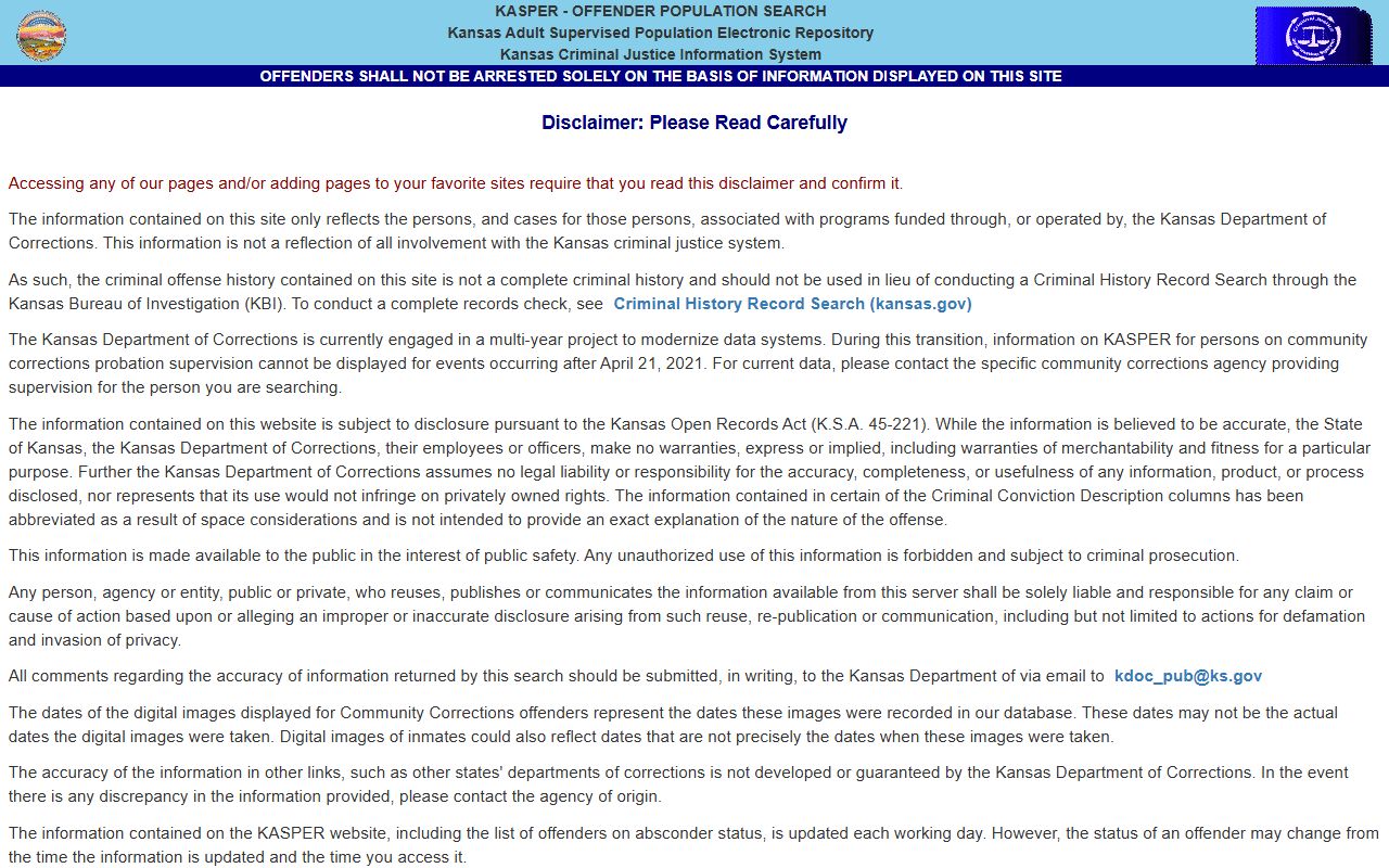 Topeka Correctional Facility KASPER offender search form for KDOC records