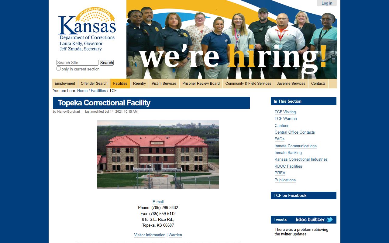 Topeka Correctional Facility KDOC offender search and facility information record