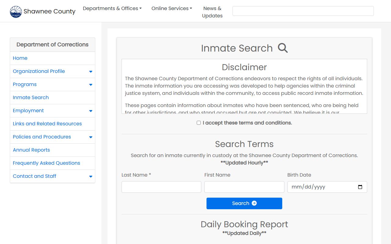Shawnee County inmate population search form and jail roster access