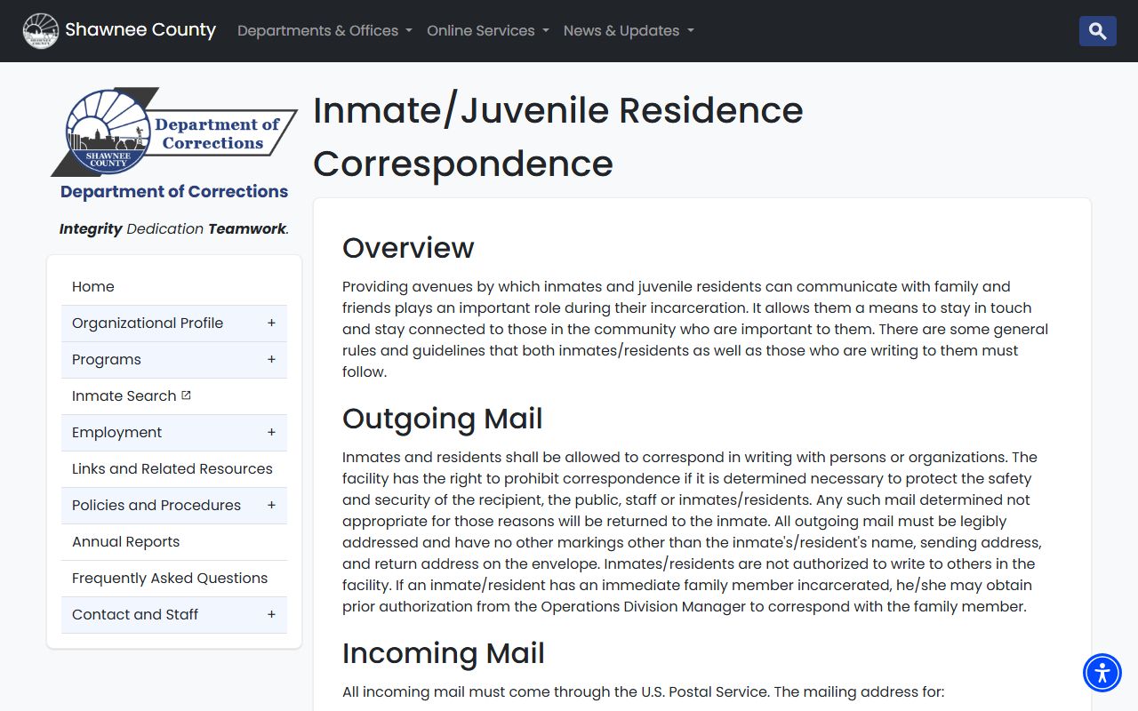 Shawnee County Adult Detention Center mail rules and inmate correspondence record