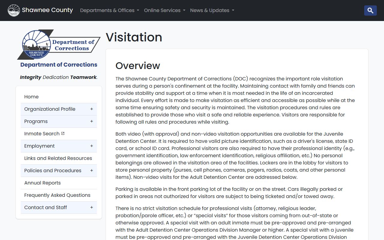 Shawnee County Corrections Annex visitation rules and adult custody visit record